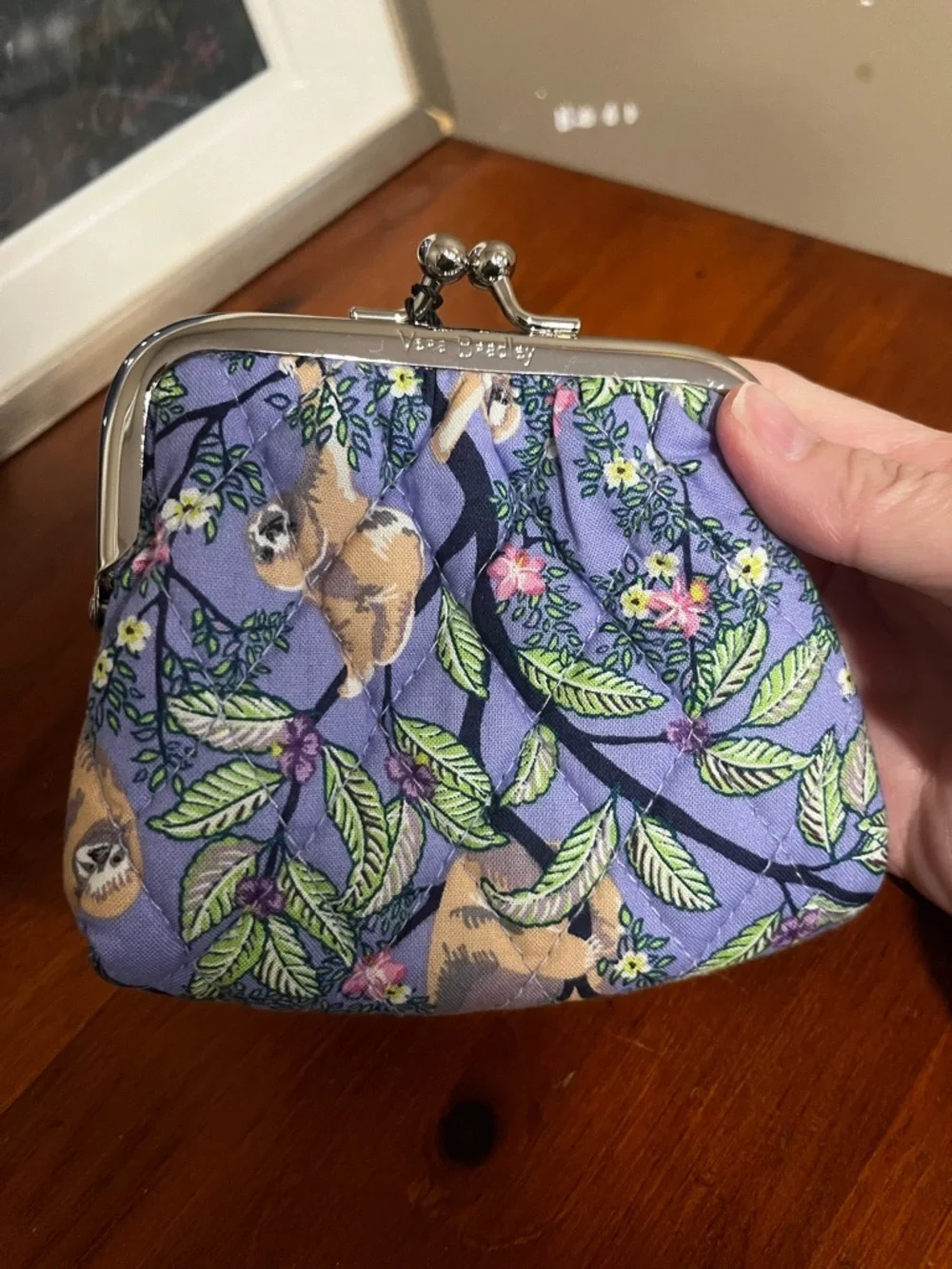 NWT Vera Bradley Sloth “Hanging around purple” kiss lock coin change purse - Picture 2 of 6